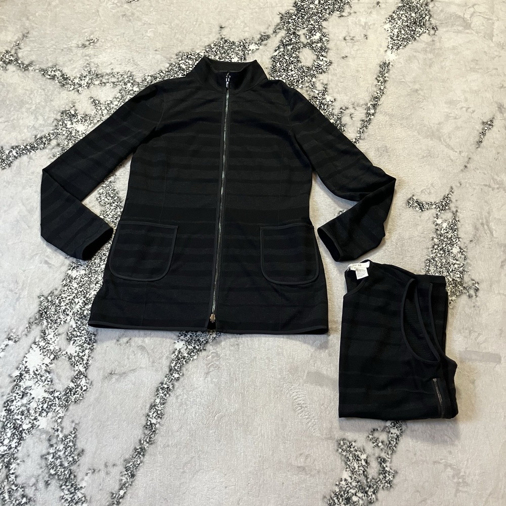 Per Se Sweater Set Womens Size 6 Gray Striped‎ Full Zip Cardigan and Tank